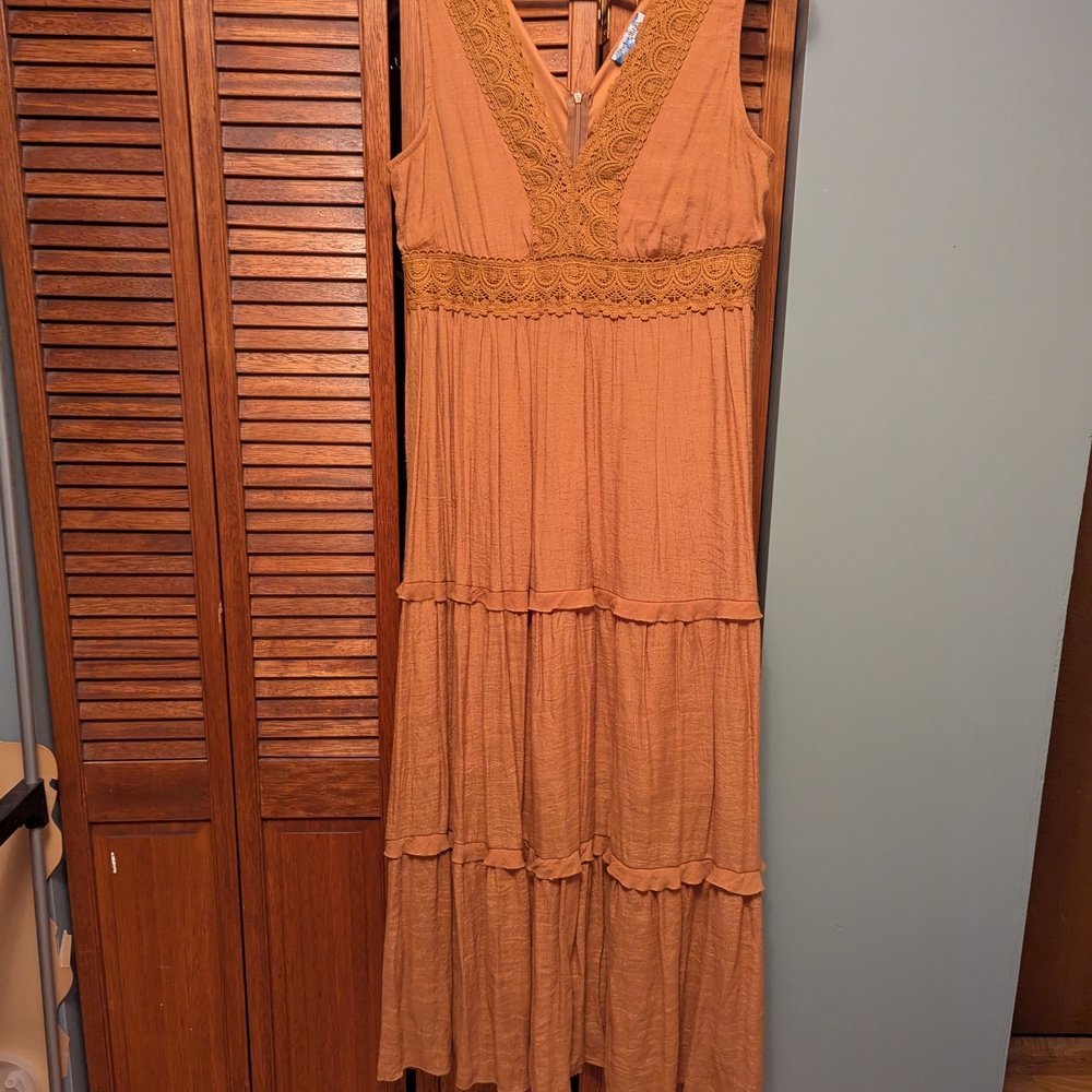 Rebellion Tan Maxi Dress with Lace Detail